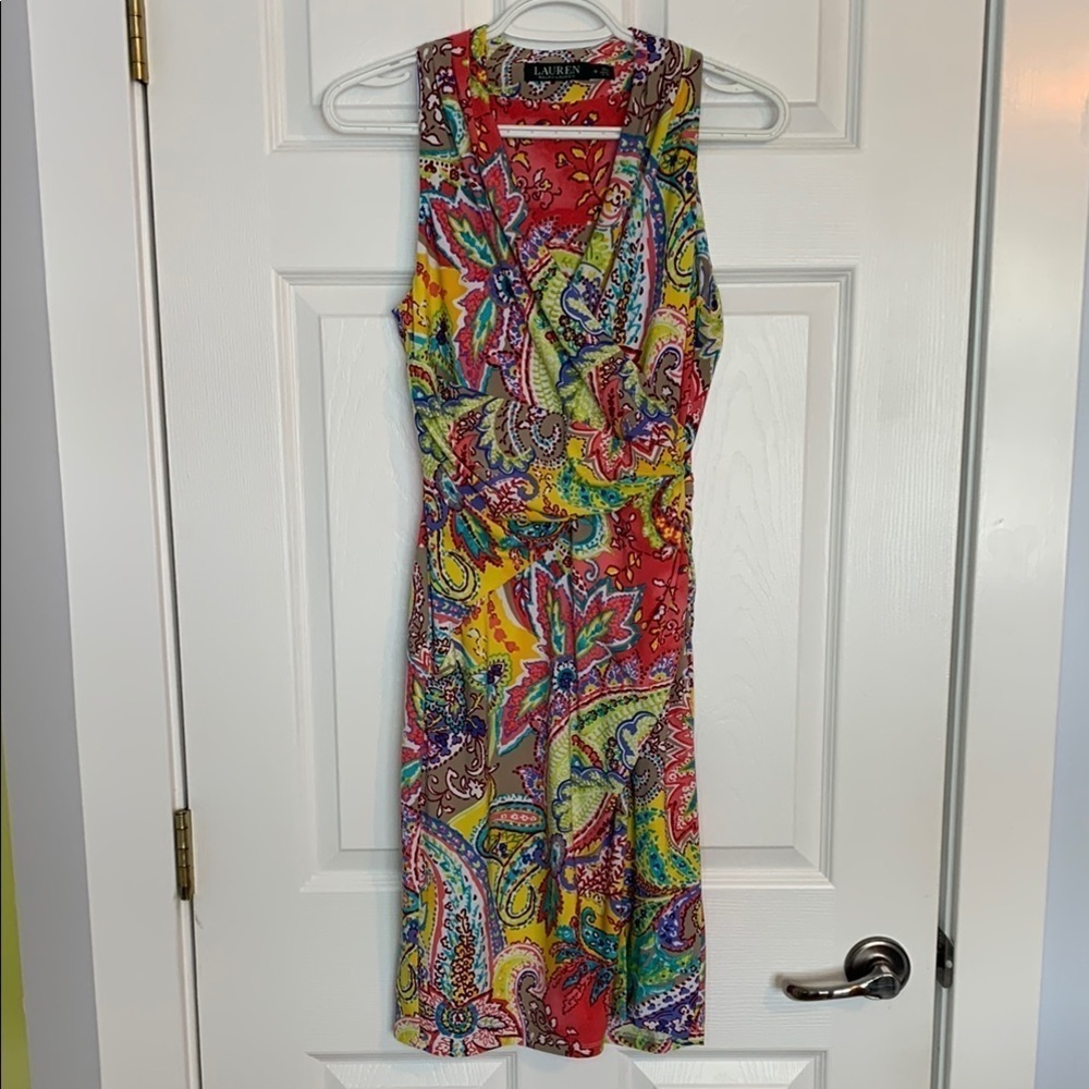 Lauren Ralph Lauren Sleeveless Paisley Dress Faux Wrap V Neck Size 0 Stretchy